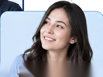 Smiling professional with long dark hair